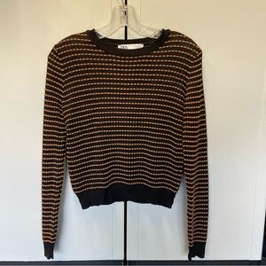 Zara Black & Metallic Copper Ribbed Striped Long Sleeve Cropped Top - Small